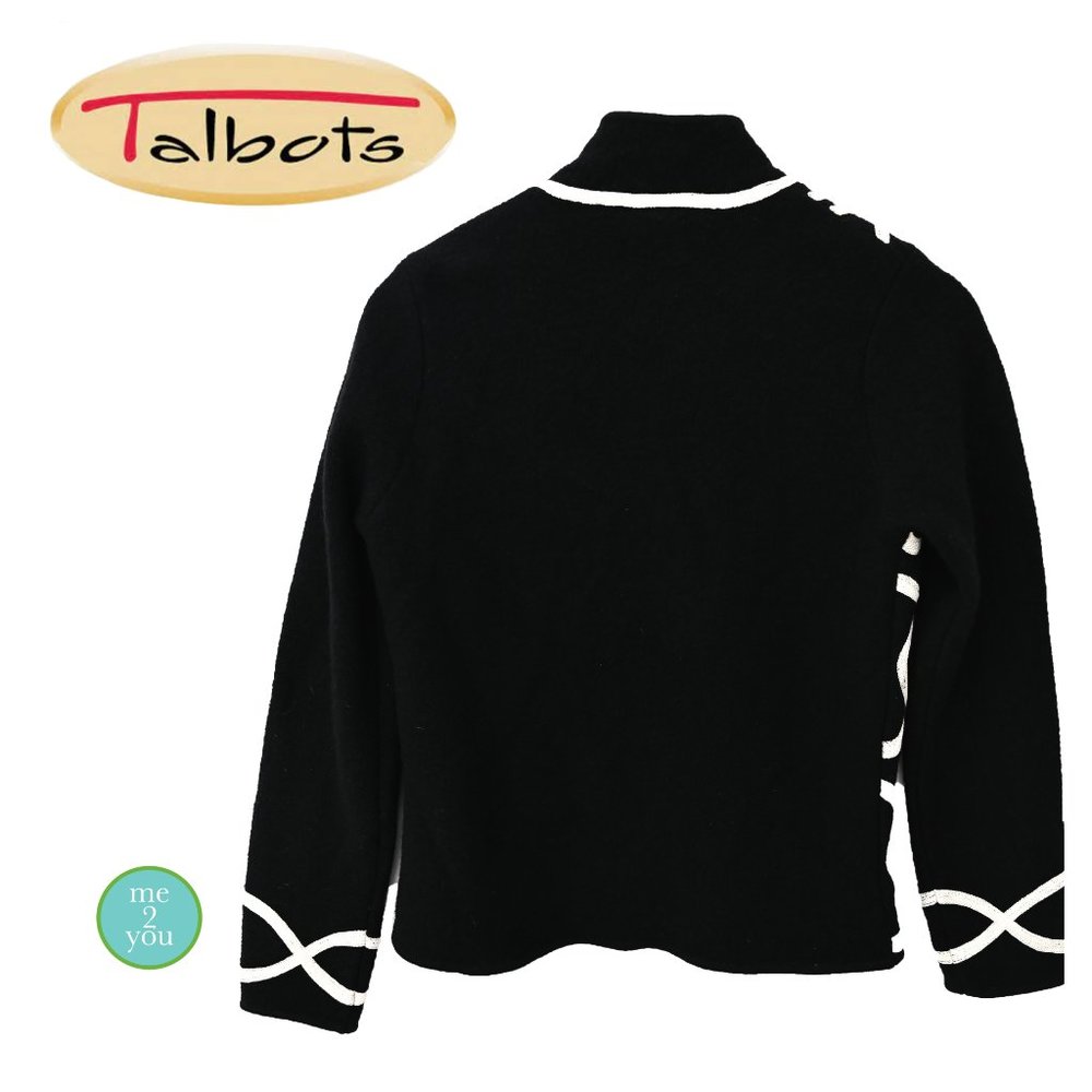 TALBOTS Black Zip Up Sweater Jacket with White Sartouche Braid - Size PM - Picture 4 of 14